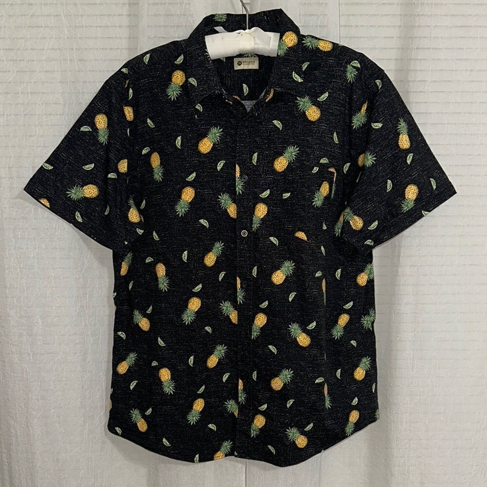HAGGAR XXL Black Ivory Pineapple Lime Short Sleeve Button Front Shirt